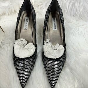 Steve Madden Silver Sequin with Lace Trim High Stiletto Pointed Toe Dress Pumps